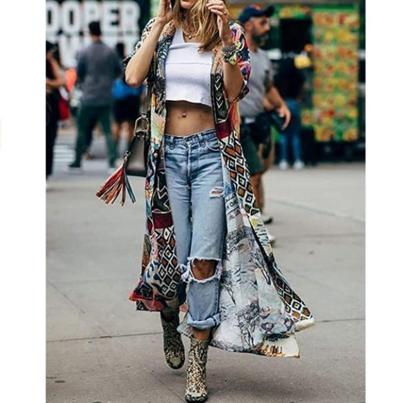 Chiffon Beach Kimono Long Bikini Cover Up Blouses Top - Picture 2 of 5